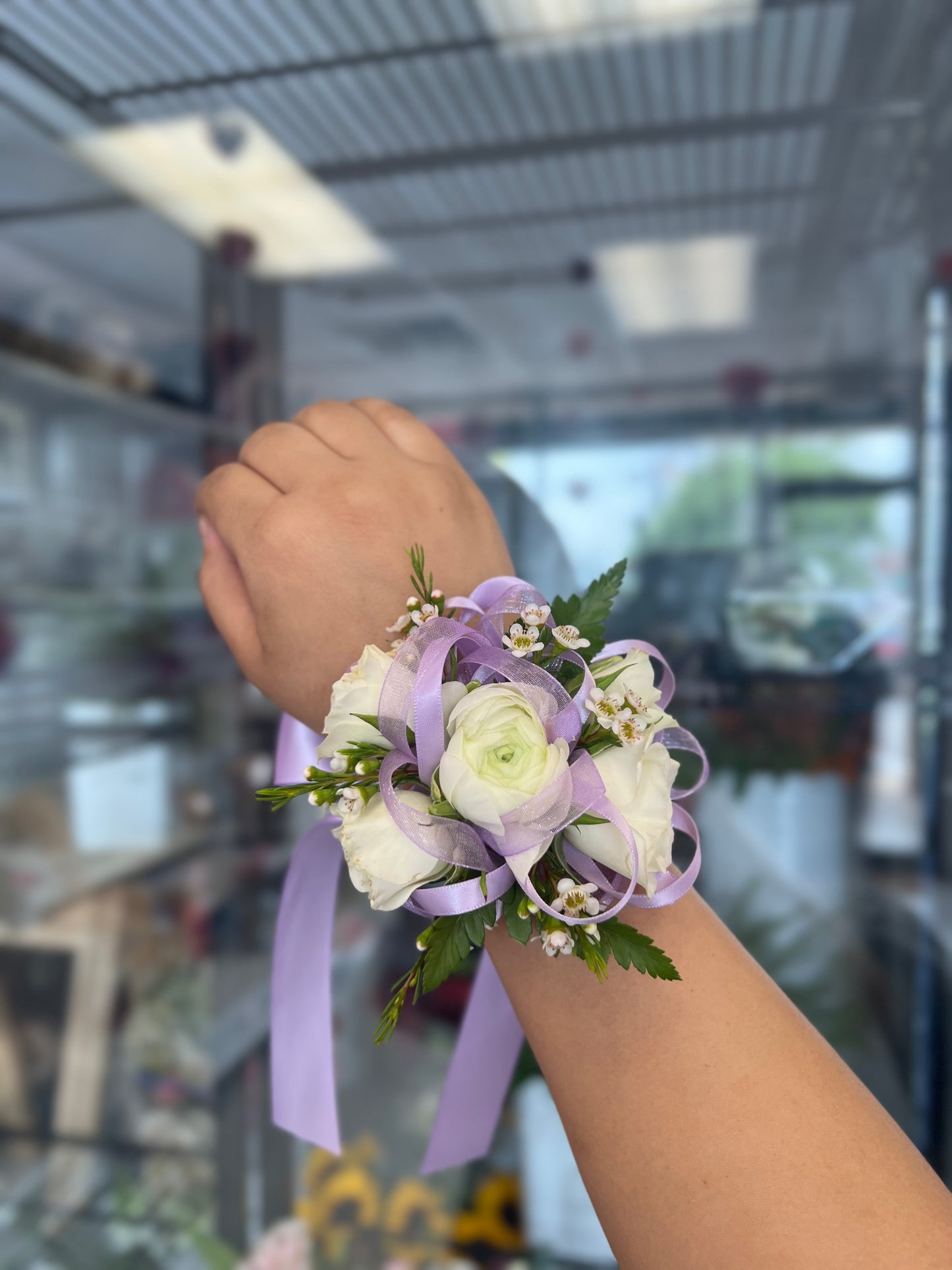 White and Lavender Corsage (pick up only)